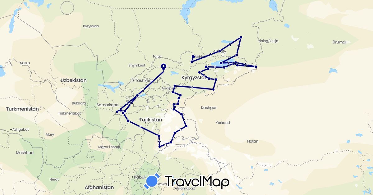 TravelMap itinerary: driving in Kyrgyzstan, Kazakhstan, Tajikistan (Asia)
